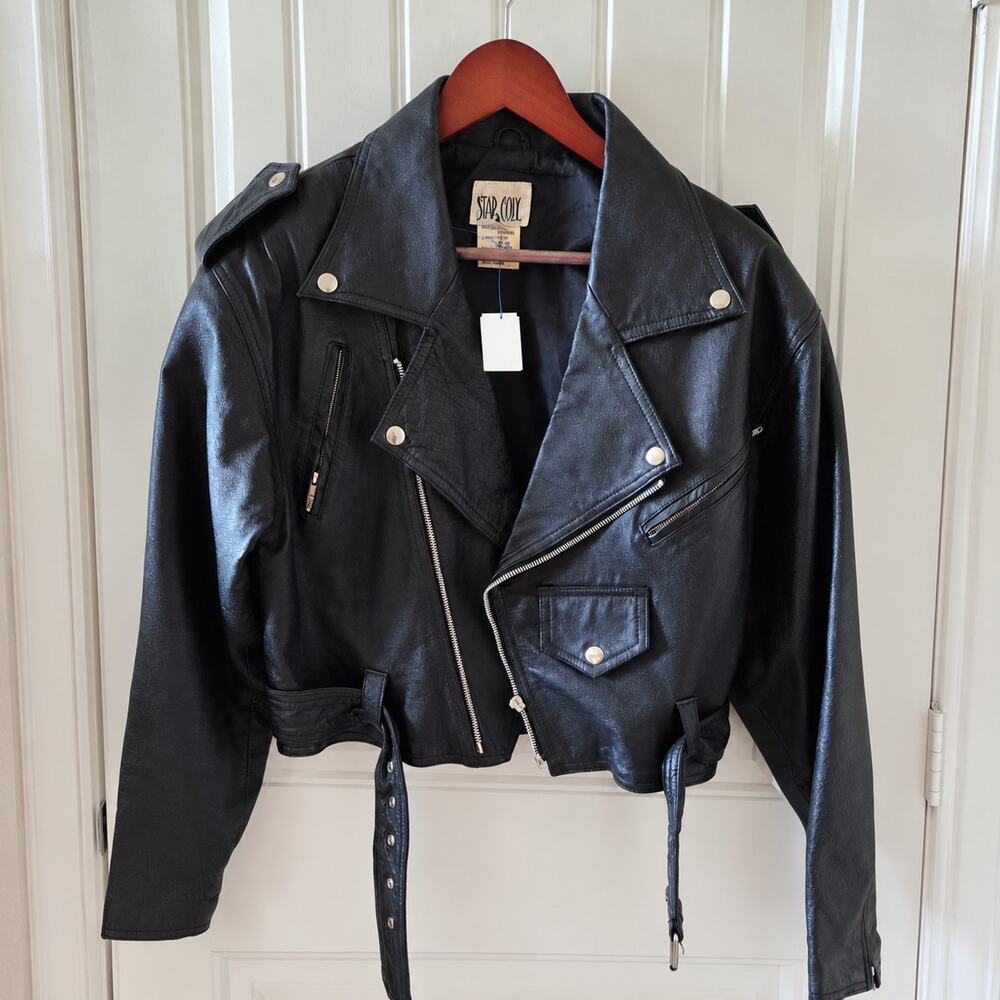Vintage Star Cody Cropped 100%Leather Biker Jacket Black Women's Medium 80s Moto